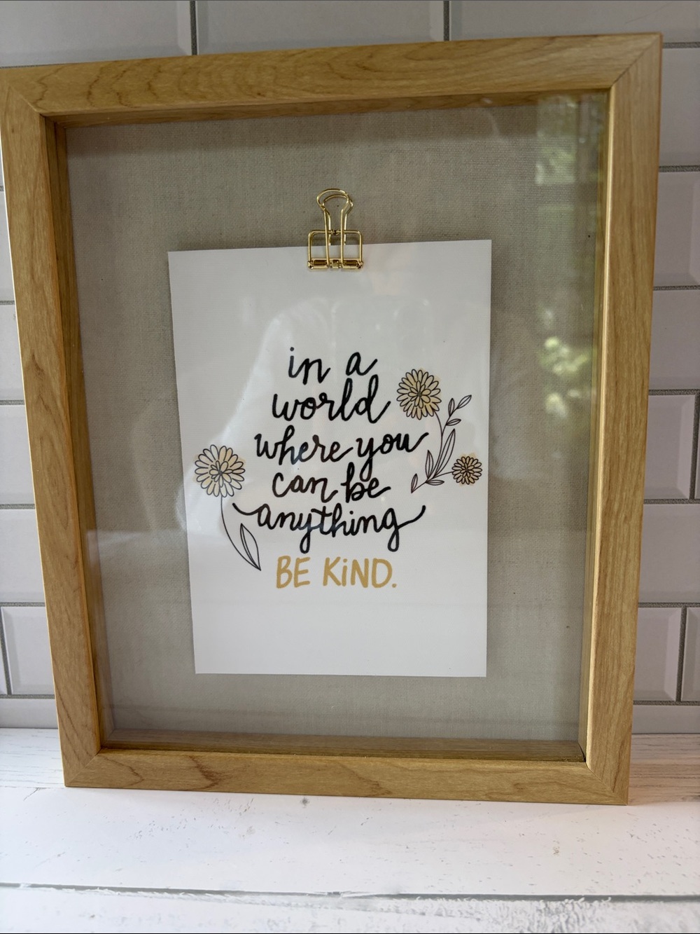 Be Kind Framed Wall Art with Gold Clip - Neutral Wood Finish
